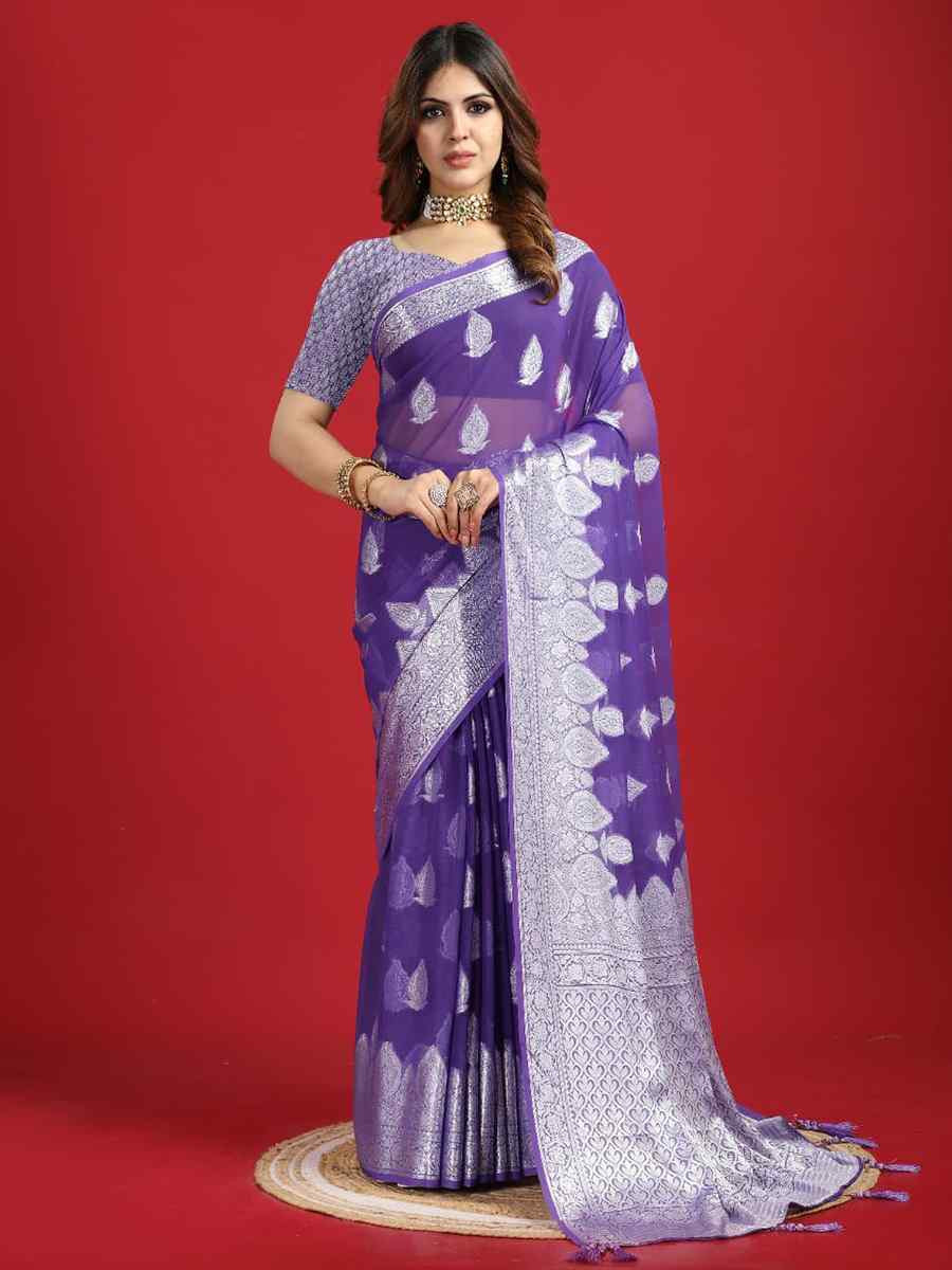 Purple Georgette Handwoven Festival Wedding Classic Style Saree