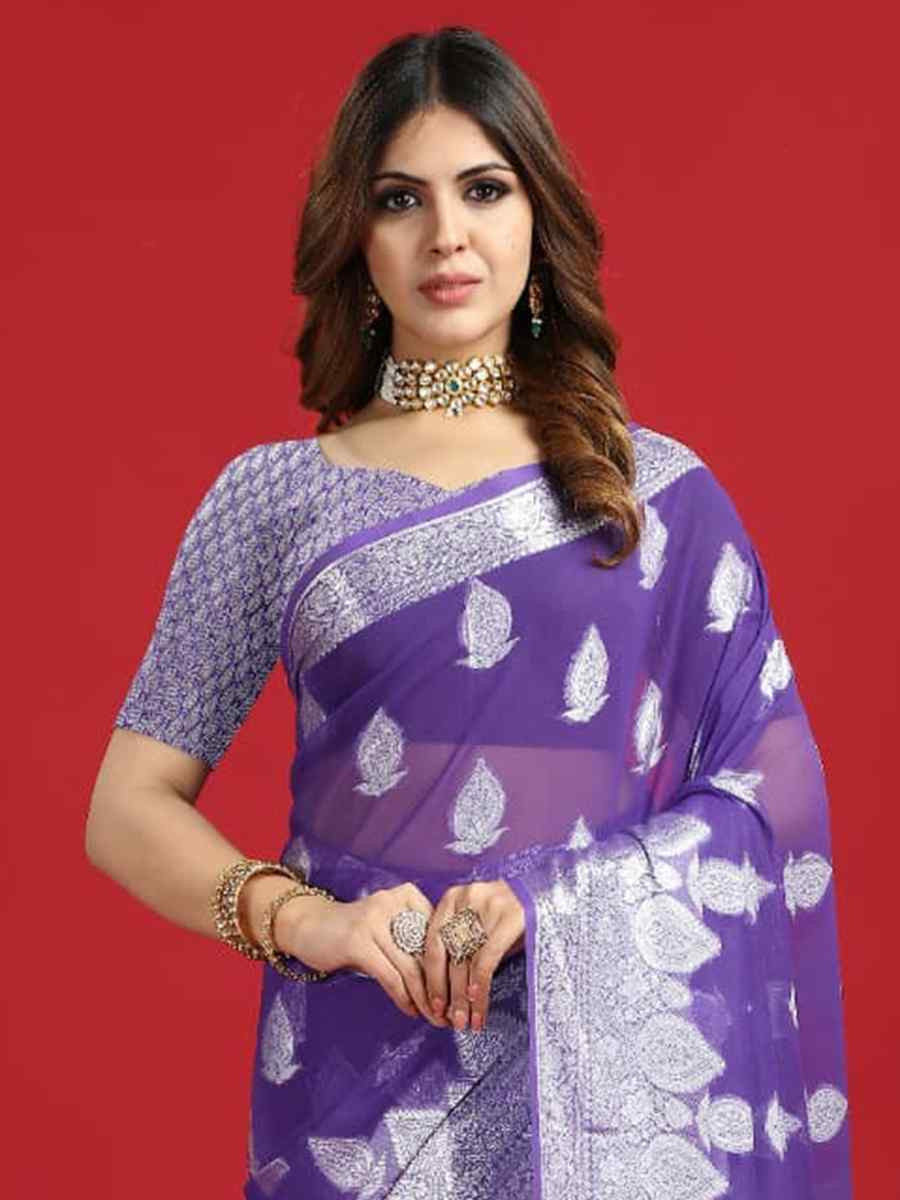 Purple Georgette Handwoven Festival Wedding Classic Style Saree