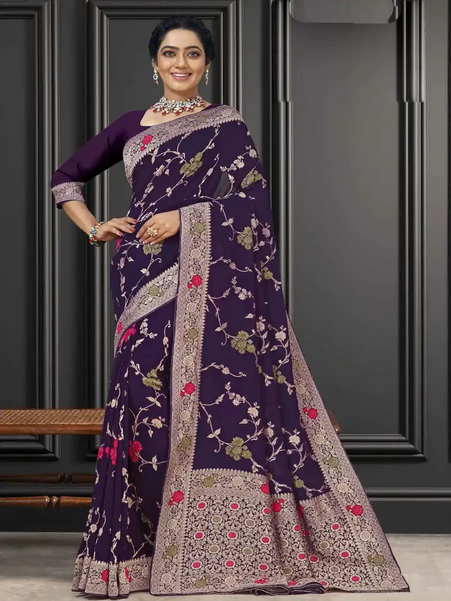 Purple Georgette Handwoven Festival Wedding Heavy Border Saree