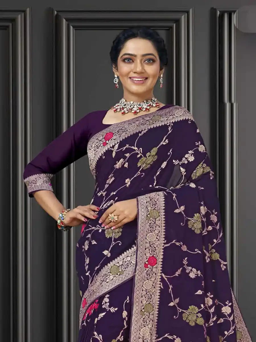 Purple Georgette Handwoven Festival Wedding Heavy Border Saree