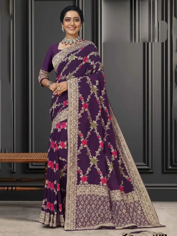 Purple Georgette Handwoven Festival Wedding Heavy Border Saree