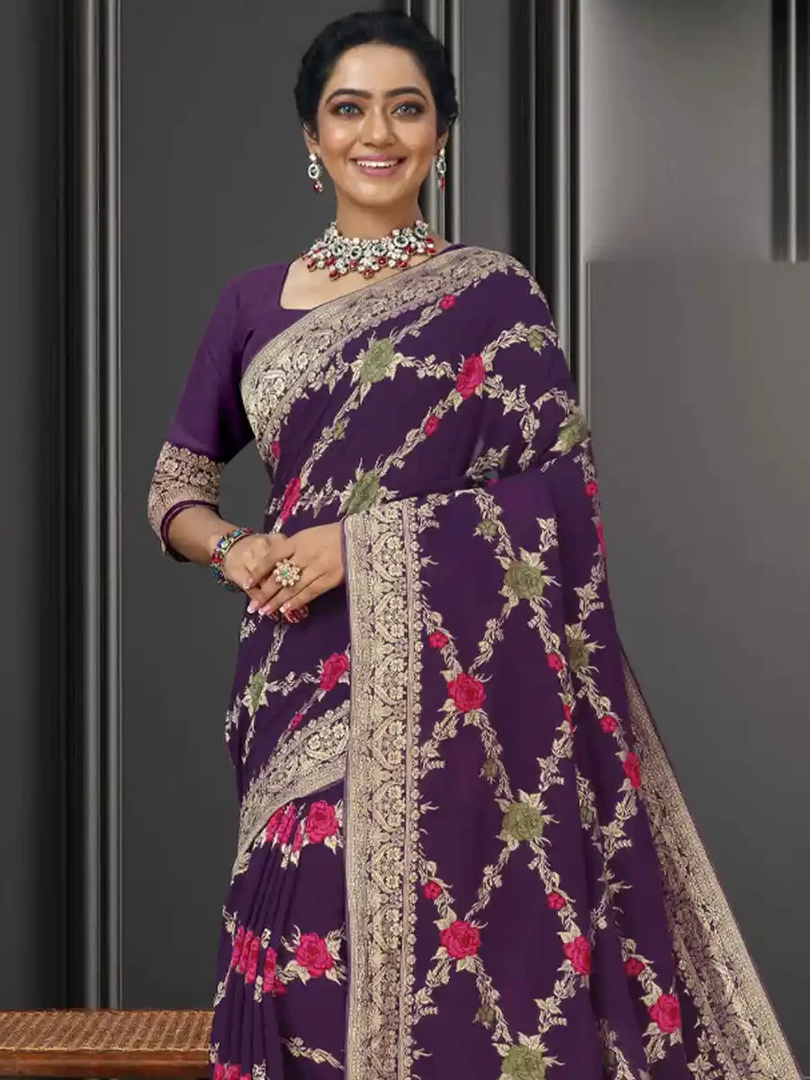 Purple Georgette Handwoven Festival Wedding Heavy Border Saree