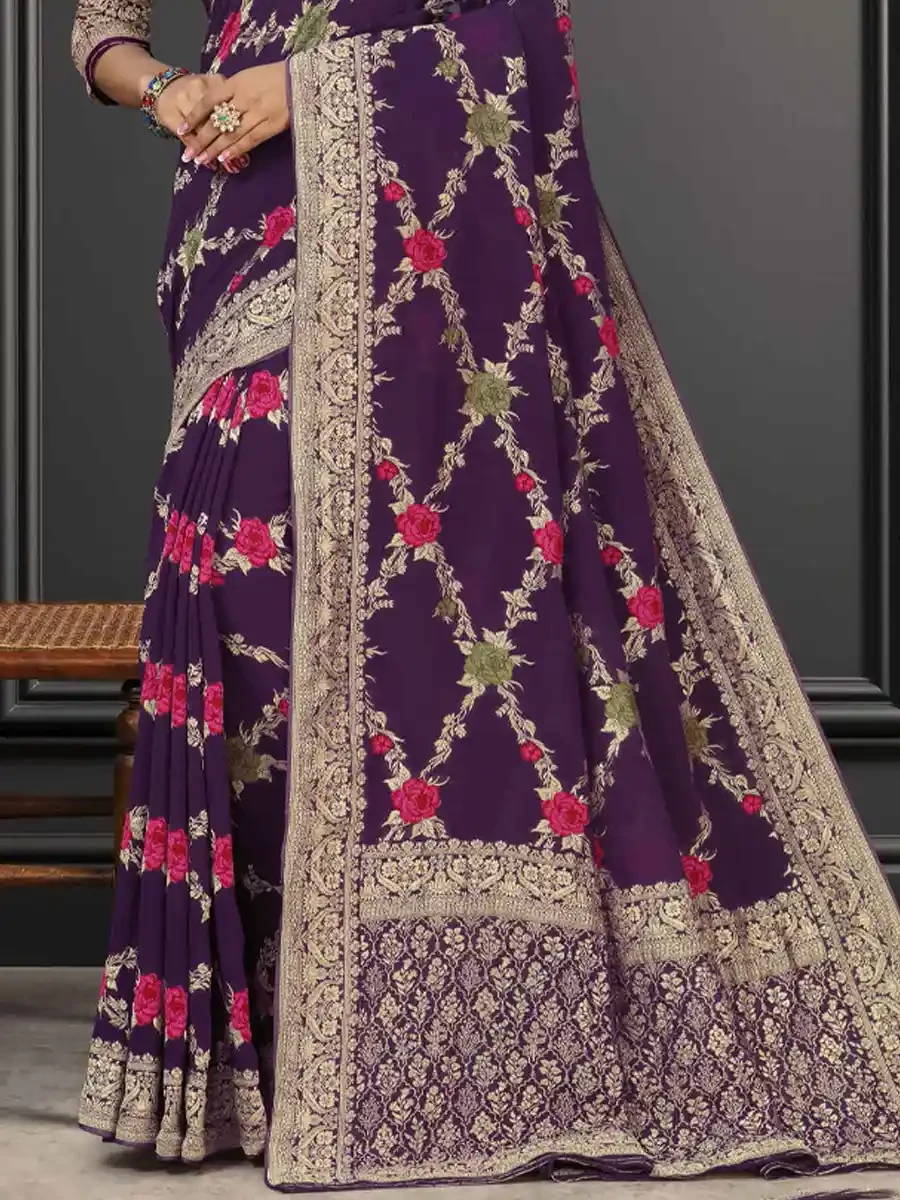 Purple Georgette Handwoven Festival Wedding Heavy Border Saree