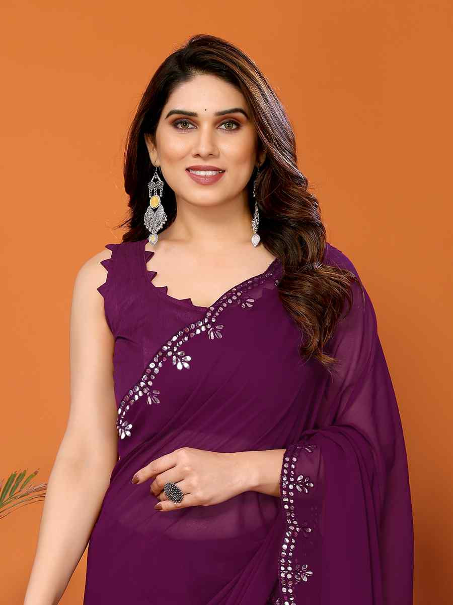 Purple Georgette Handwoven Festival Wedding Heavy Border Saree