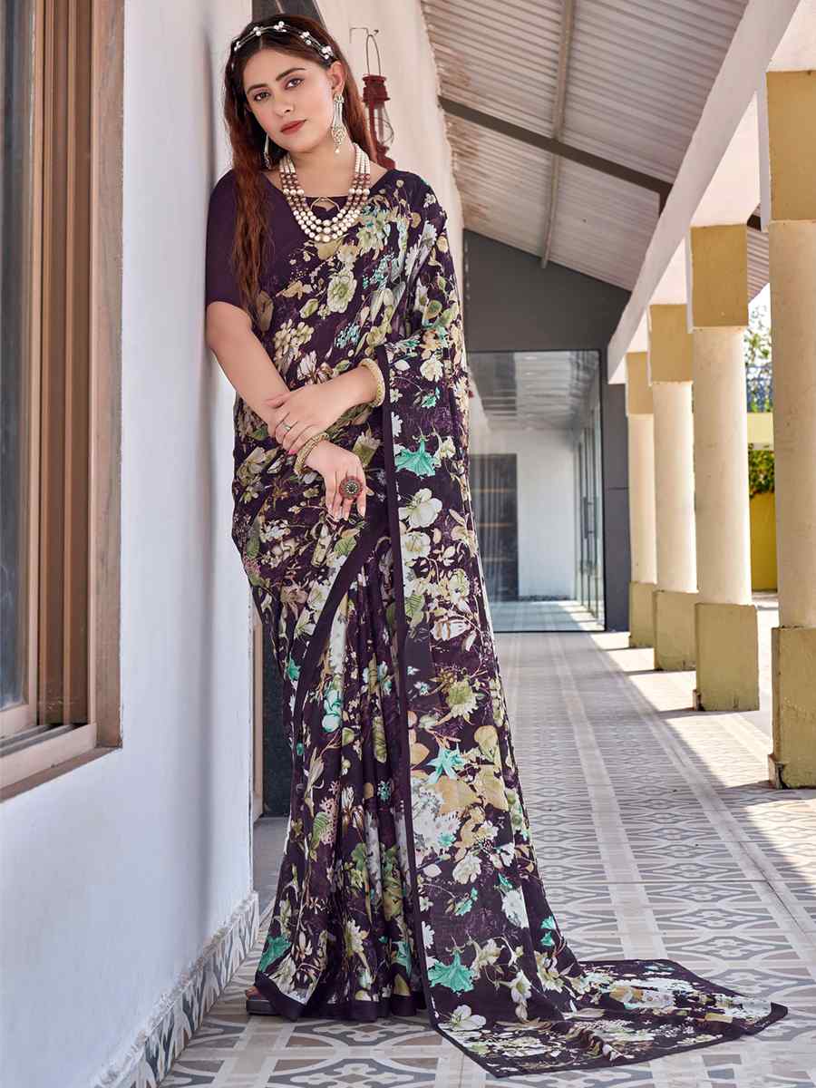 Purple Georgette Printed Casual Festival Contemporary Saree