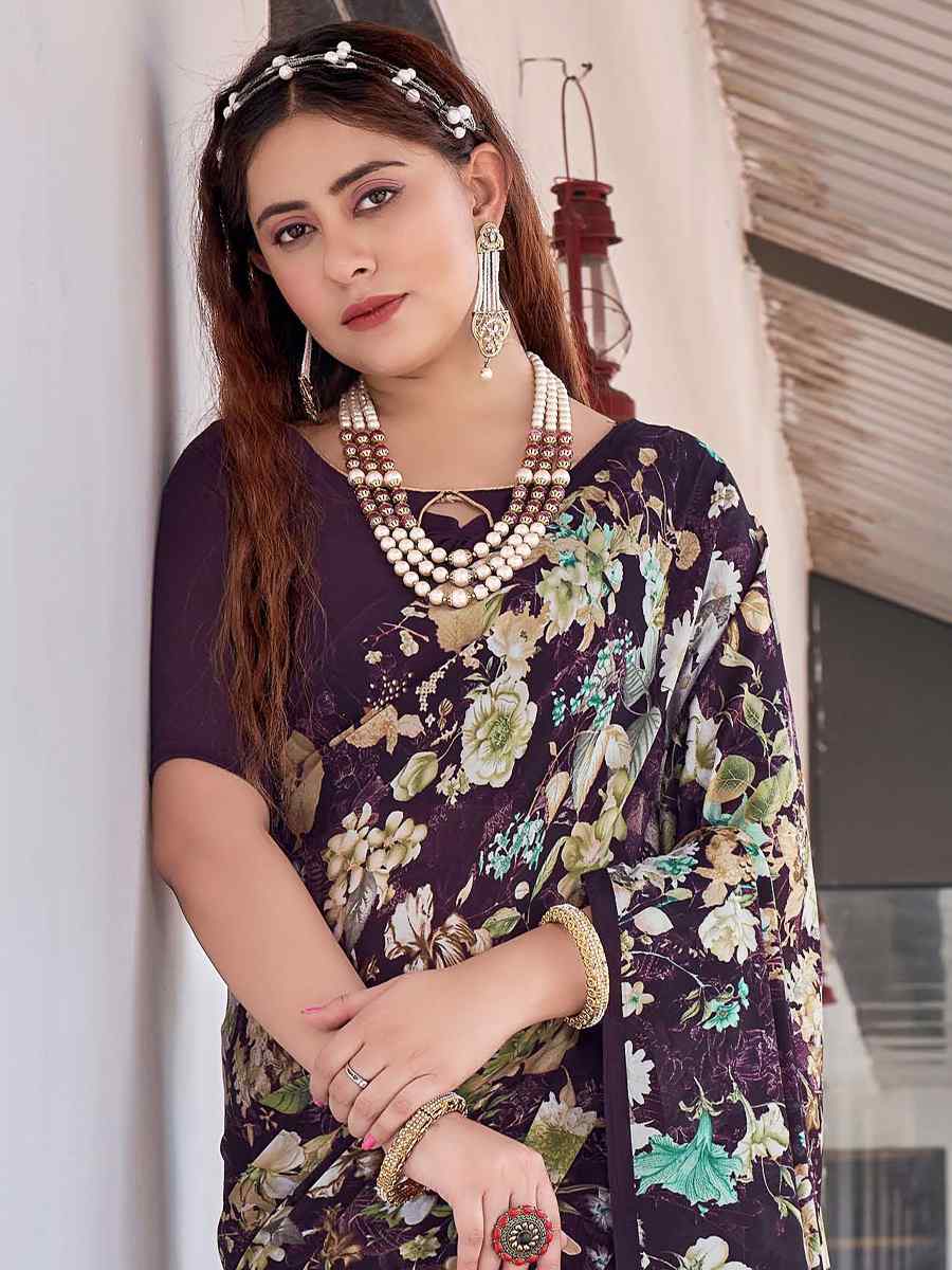 Purple Georgette Printed Casual Festival Contemporary Saree