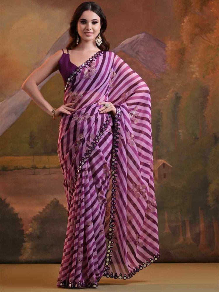 Purple Georgette Printed Festival Casual Contemporary Saree