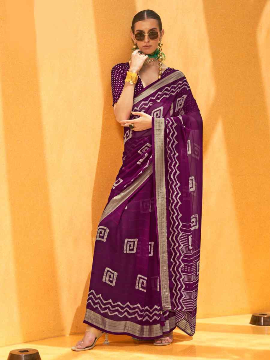 Purple Georgette Printed Festival Party Contemporary Saree