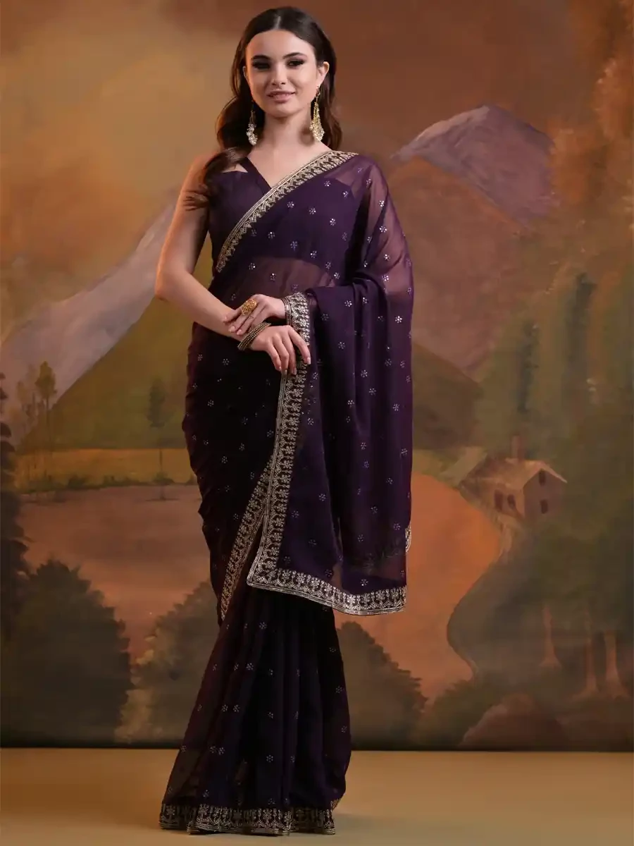 Purple Georgette Sequins Cocktail Party Classic Style Saree