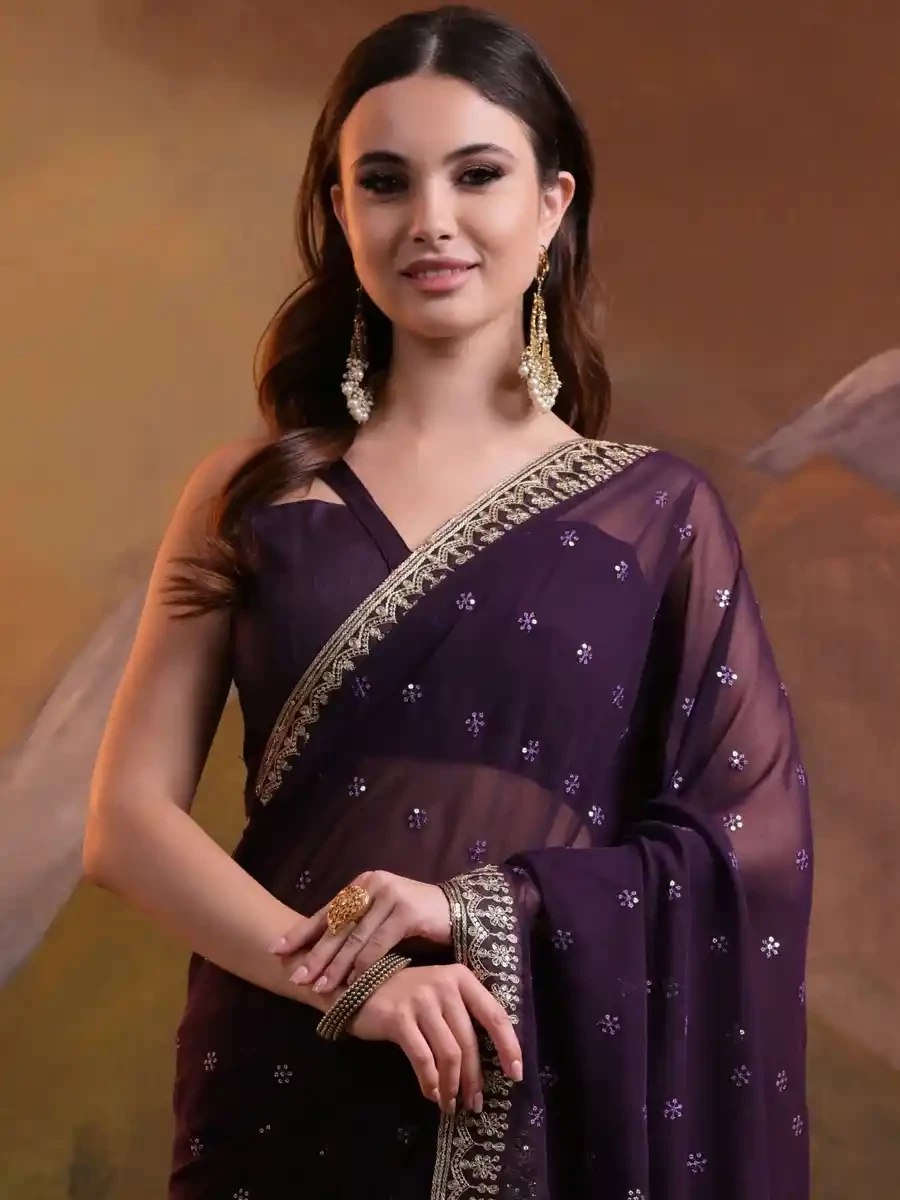 Purple Georgette Sequins Cocktail Party Classic Style Saree