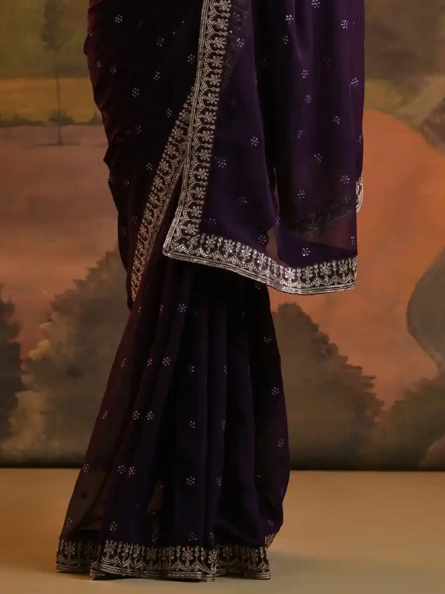 Purple Georgette Sequins Cocktail Party Classic Style Saree