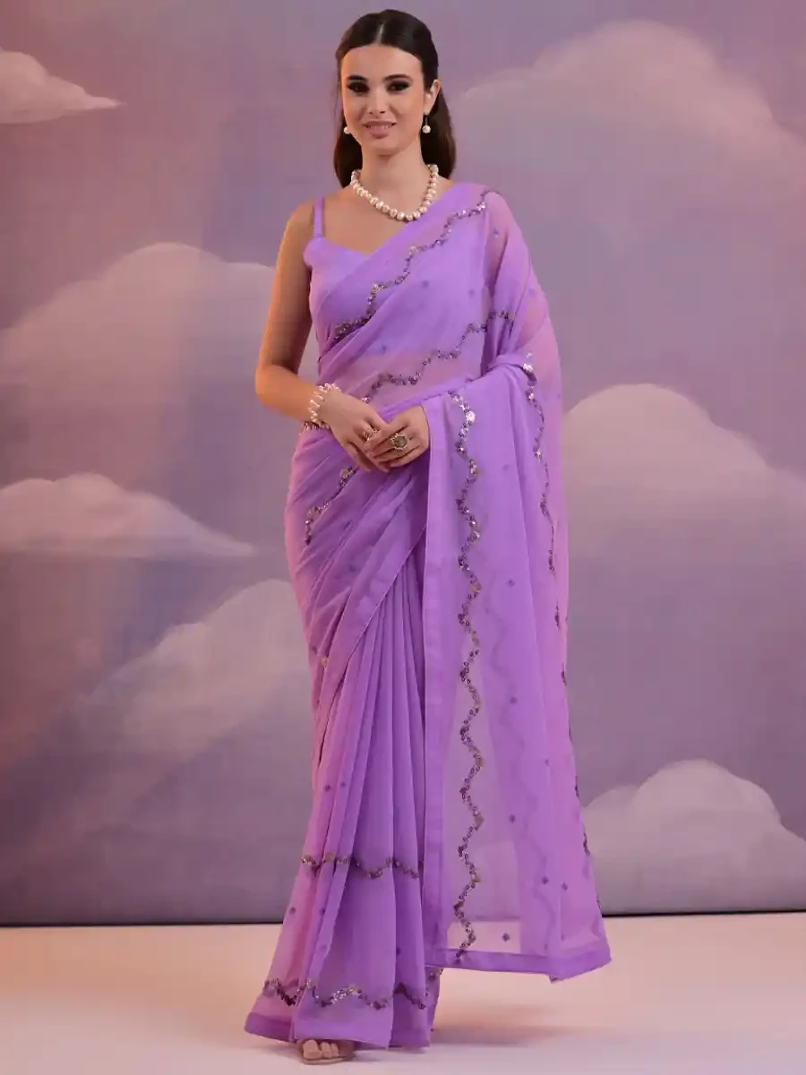 Purple Georgette Sequins Cocktail Party Classic Style Saree