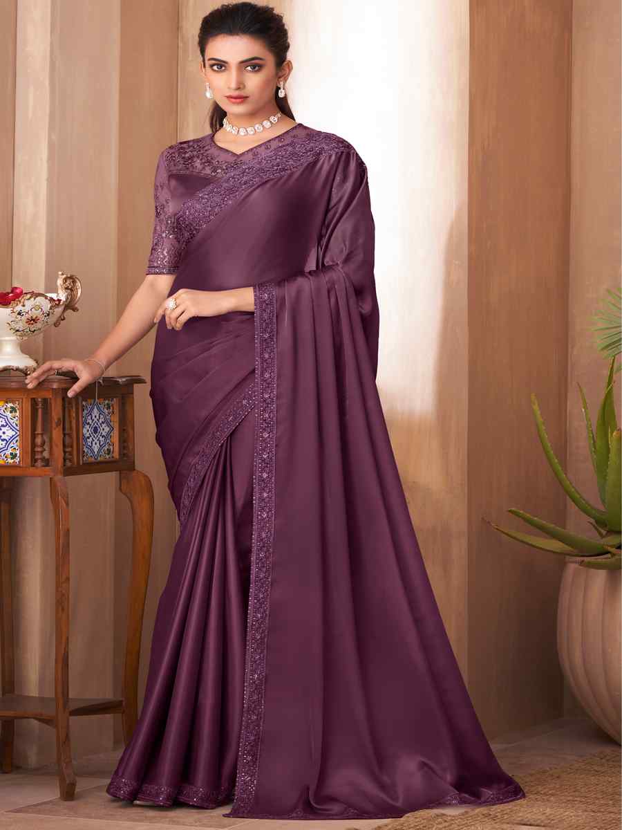 Purple Glass Silk Embroidered Party Reception Heavy Border Saree