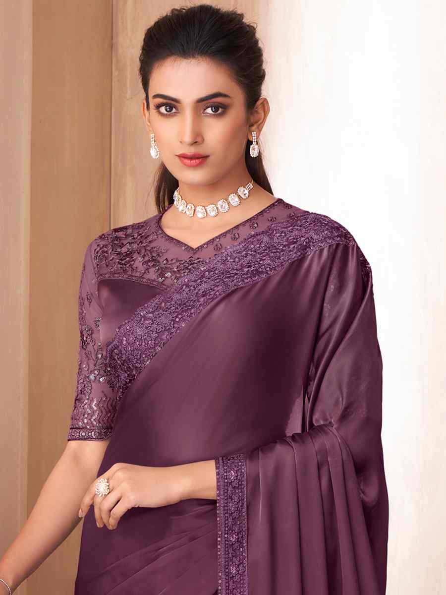 Purple Glass Silk Embroidered Party Reception Heavy Border Saree