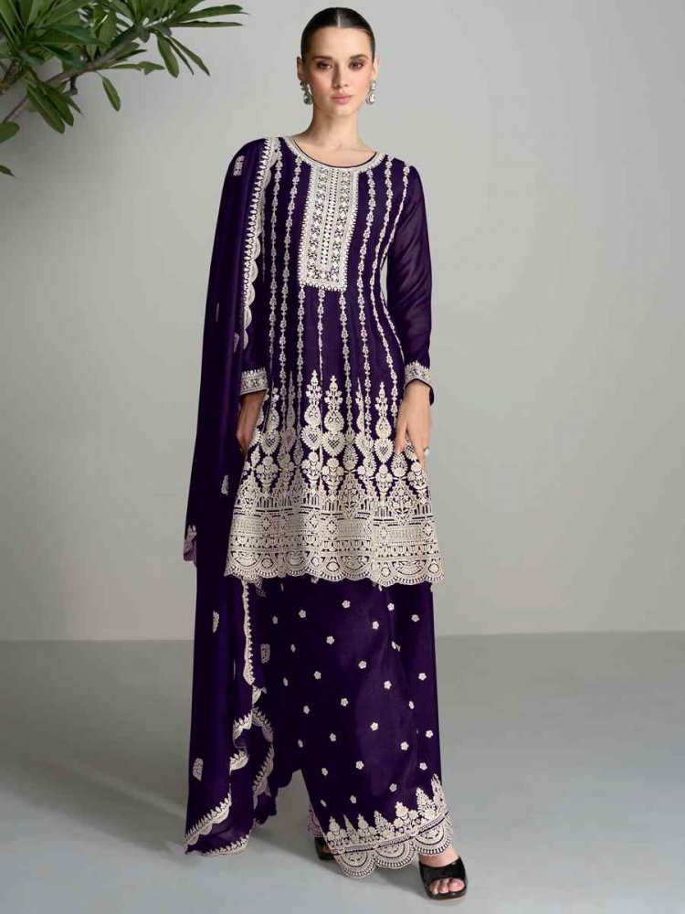 Purple Heavy Blomming Chinon Embroidered Festival Casual Palazzo Pant Salwar Kameez