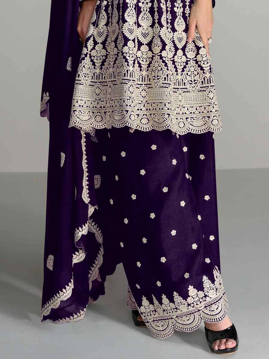 Purple Heavy Blomming Chinon Embroidered Festival Casual Palazzo Pant Salwar Kameez