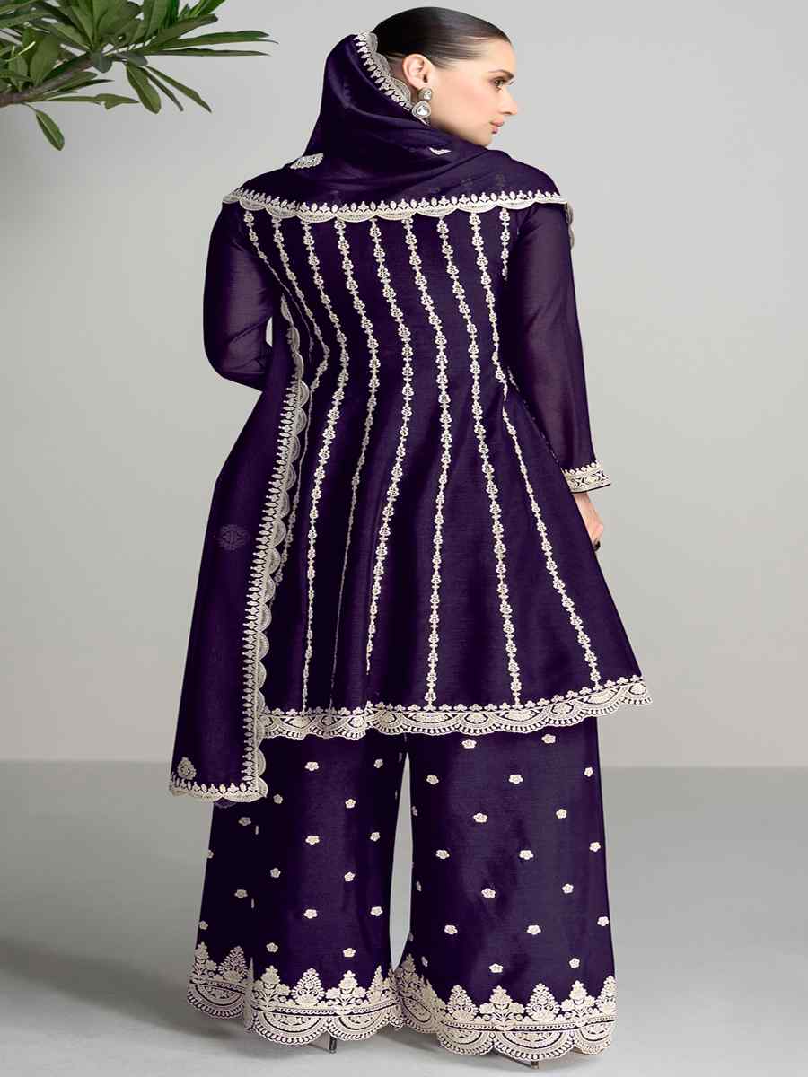 Purple Heavy Blomming Chinon Embroidered Festival Casual Palazzo Pant Salwar Kameez