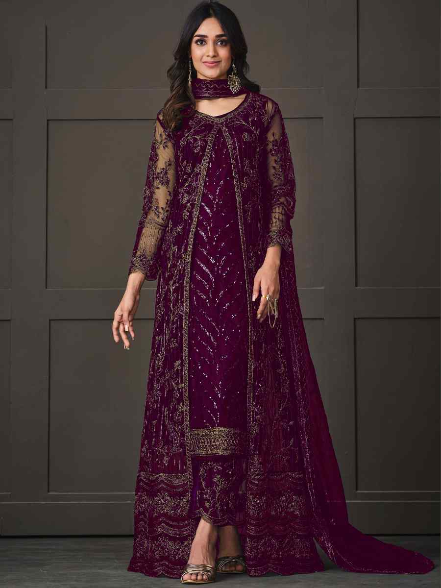 Purple Heavy Butterfly Net Embroidered Party Wedding Lawn Pant Salwar Kameez