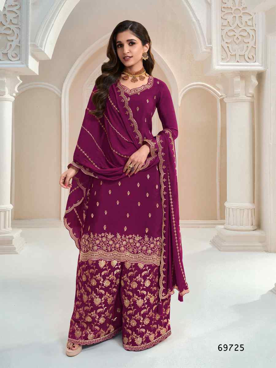 Purple Heavy Chinon Embroidered Festival Casual Palazzo Pant Salwar Kameez