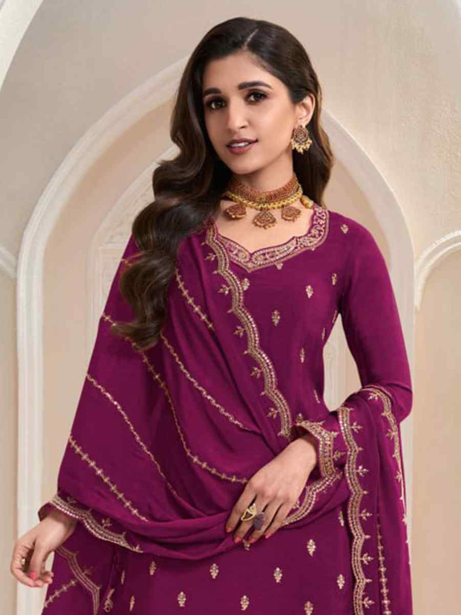 Purple Heavy Chinon Embroidered Festival Casual Palazzo Pant Salwar Kameez