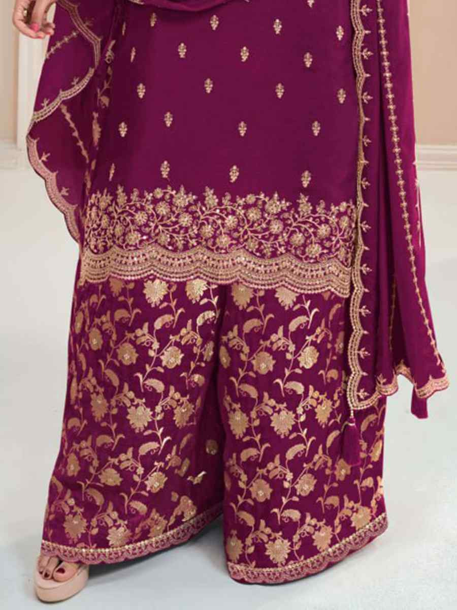 Purple Heavy Chinon Embroidered Festival Casual Palazzo Pant Salwar Kameez