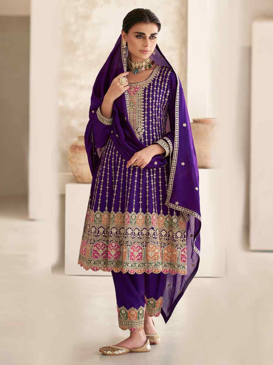 Purple Heavy Chinon Embroidered Festival Mehendi Ready Patiala Salwar Kameez