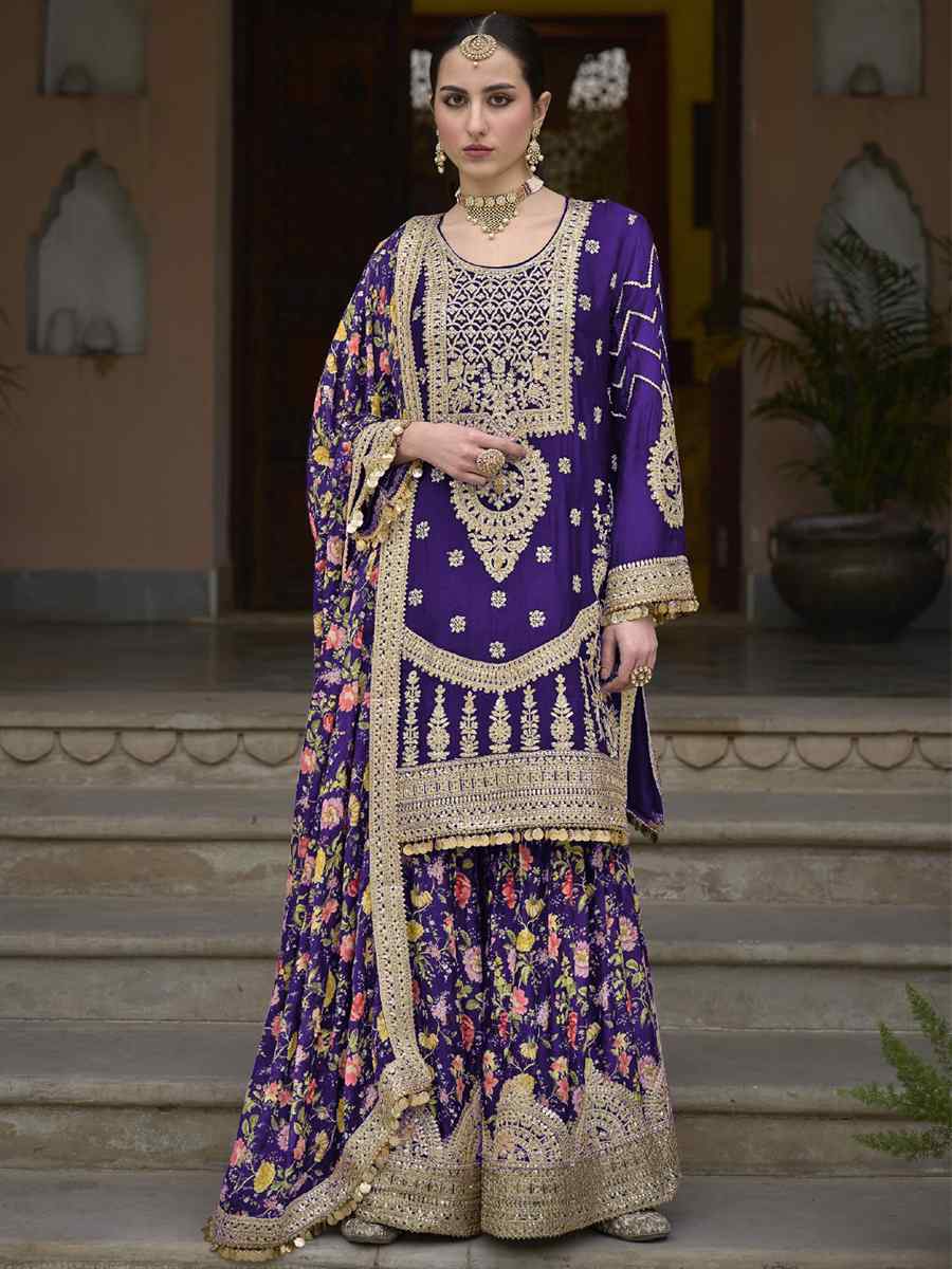 Purple Heavy Chinon Embroidered Festival Wedding Palazzo Pant Salwar Kameez