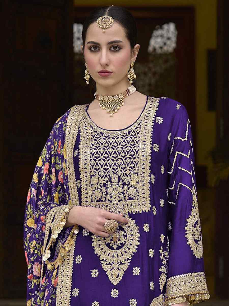 Purple Heavy Chinon Embroidered Festival Wedding Palazzo Pant Salwar Kameez