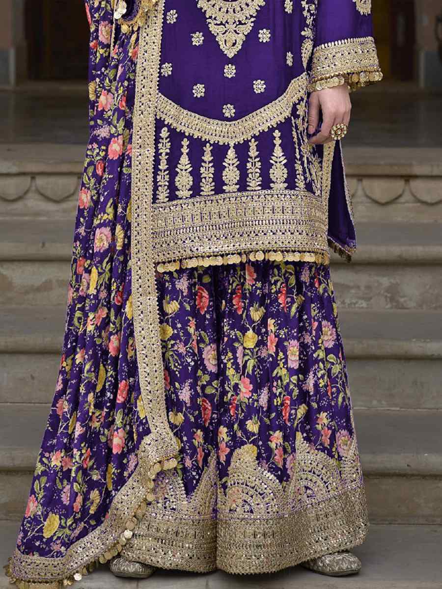 Purple Heavy Chinon Embroidered Festival Wedding Palazzo Pant Salwar Kameez