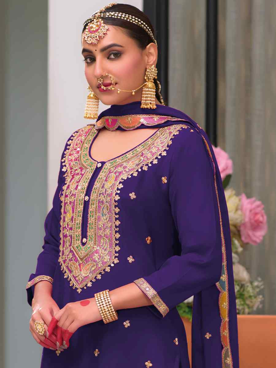 Purple Heavy Chinon Embroidered Festival Wedding Palazzo Pant Salwar Kameez