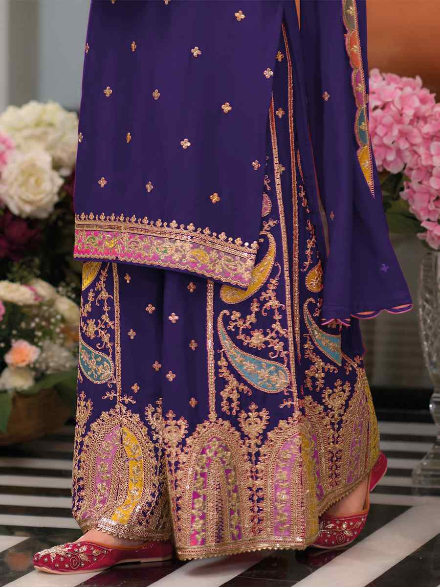 Purple Heavy Chinon Embroidered Festival Wedding Palazzo Pant Salwar Kameez