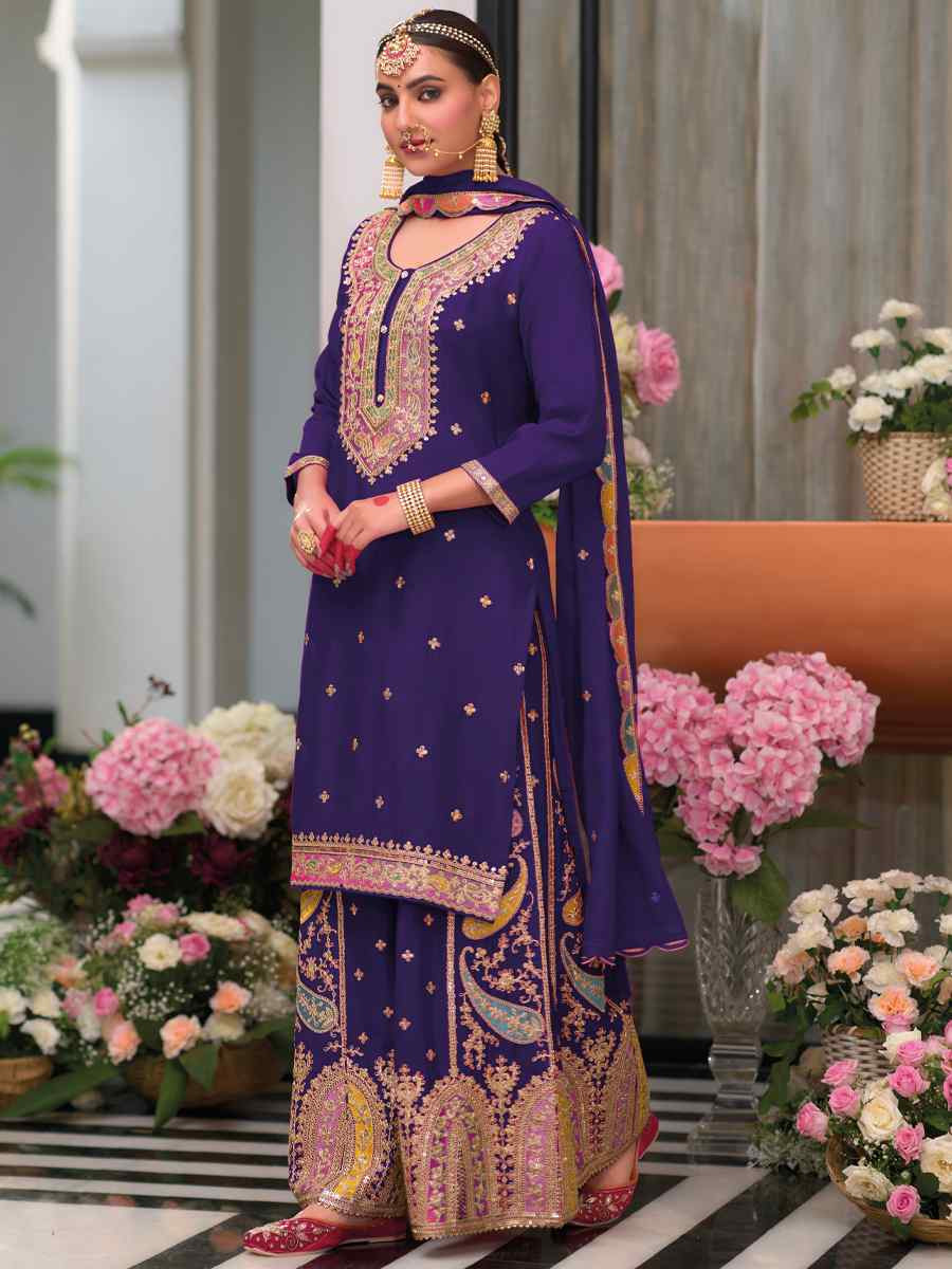 Purple Heavy Chinon Embroidered Festival Wedding Palazzo Pant Salwar Kameez