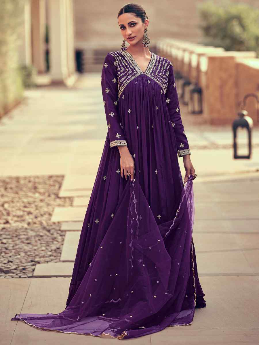 Purple Heavy Chinon Embroidered Festival Wedding Ready Anarkali Salwar Kameez