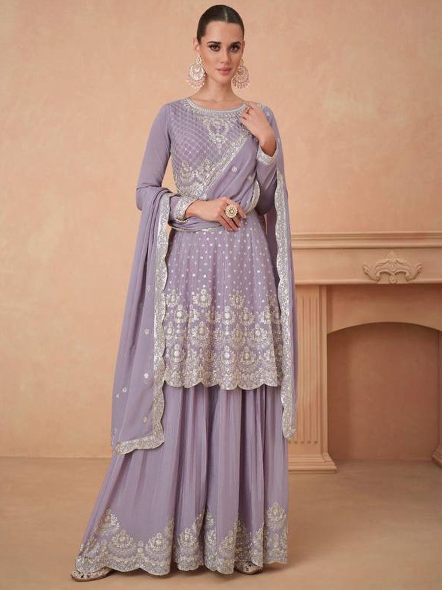 Purple Heavy Chinon Embroidered Festival Wedding Ready Sharara Pant Salwar Kameez