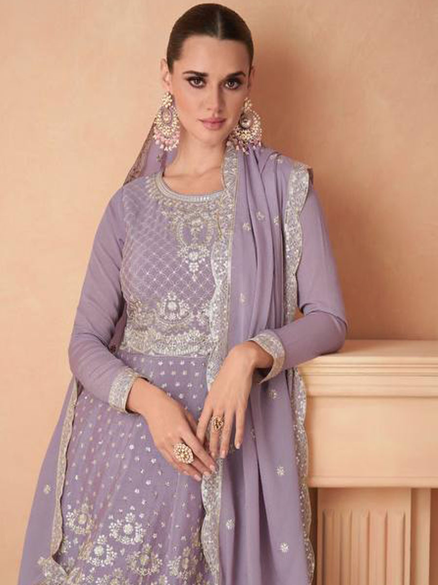 Purple Heavy Chinon Embroidered Festival Wedding Ready Sharara Pant Salwar Kameez