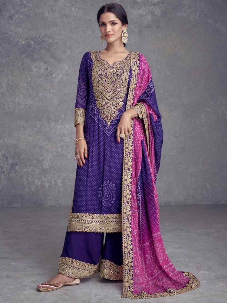 Purple Heavy Chinon Silk Embroidered Festival Wedding Palazzo Pant Salwar Kameez