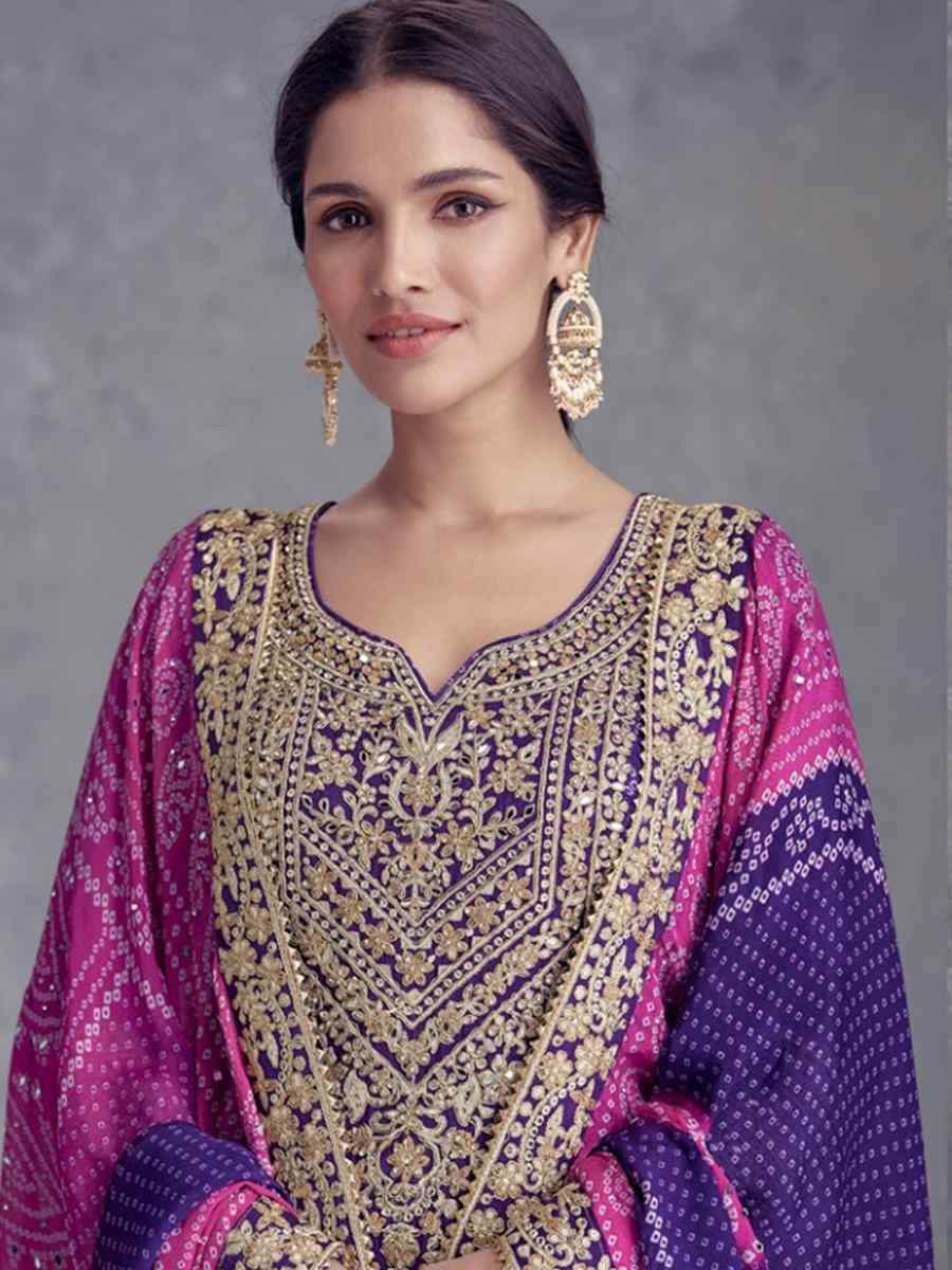 Purple Heavy Chinon Silk Embroidered Festival Wedding Palazzo Pant Salwar Kameez