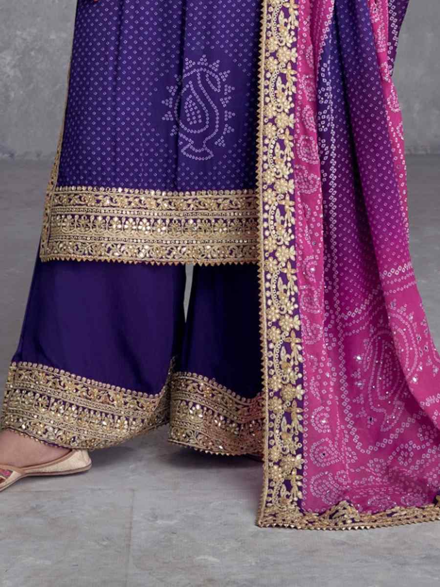 Purple Heavy Chinon Silk Embroidered Festival Wedding Palazzo Pant Salwar Kameez