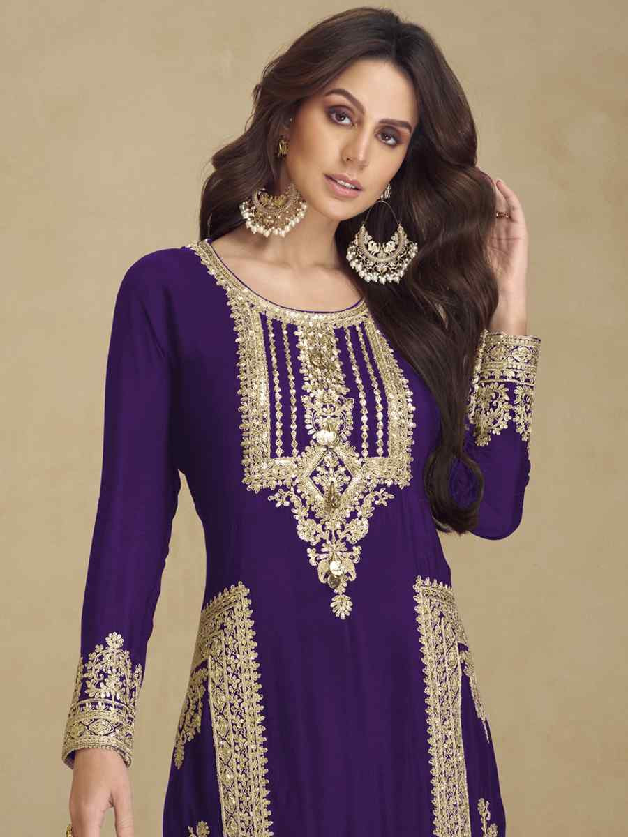 Purple Heavy Faux Georgett Embroidered Festival Wedding Pant Salwar Kameez