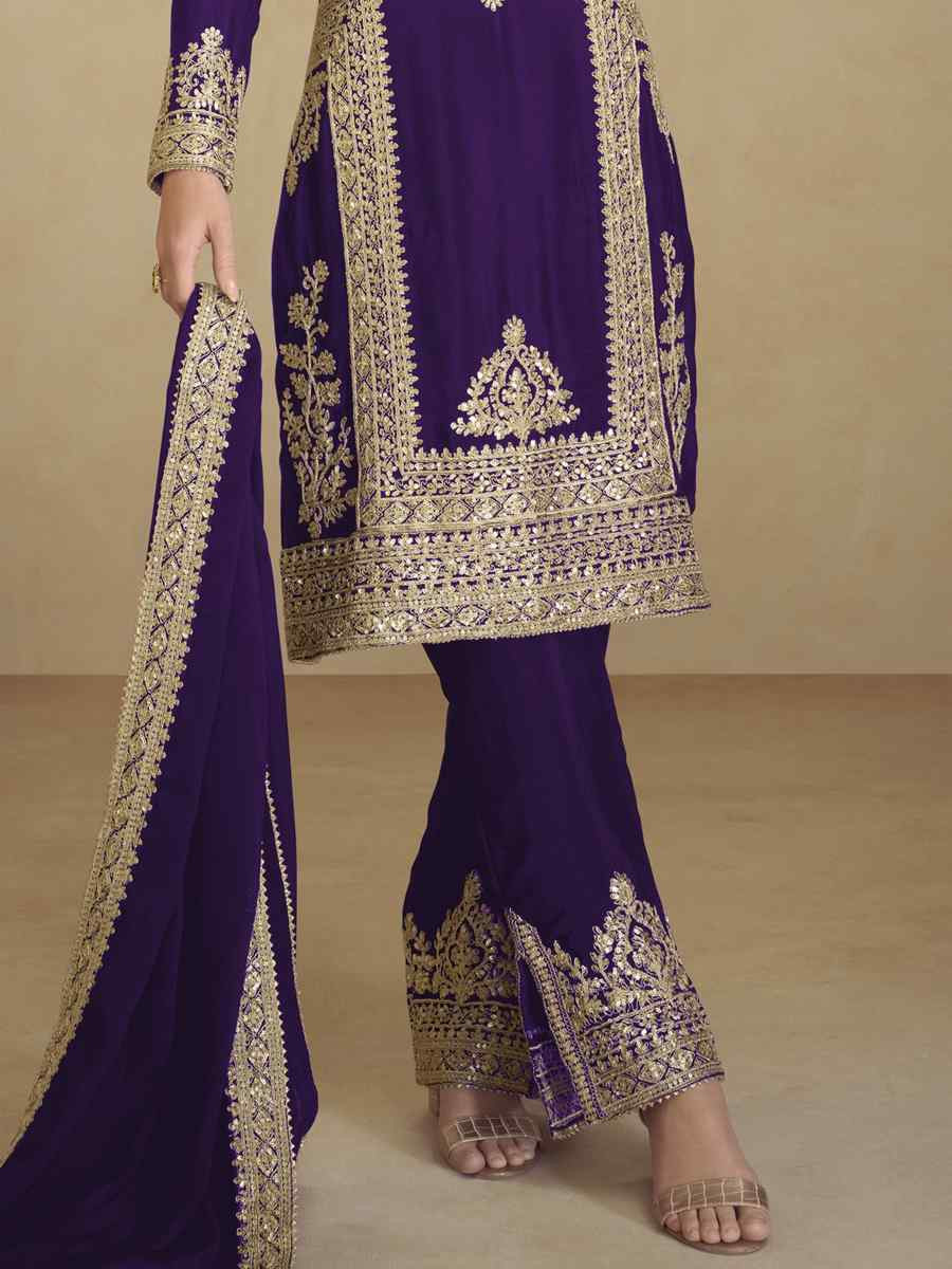 Purple Heavy Faux Georgett Embroidered Festival Wedding Pant Salwar Kameez