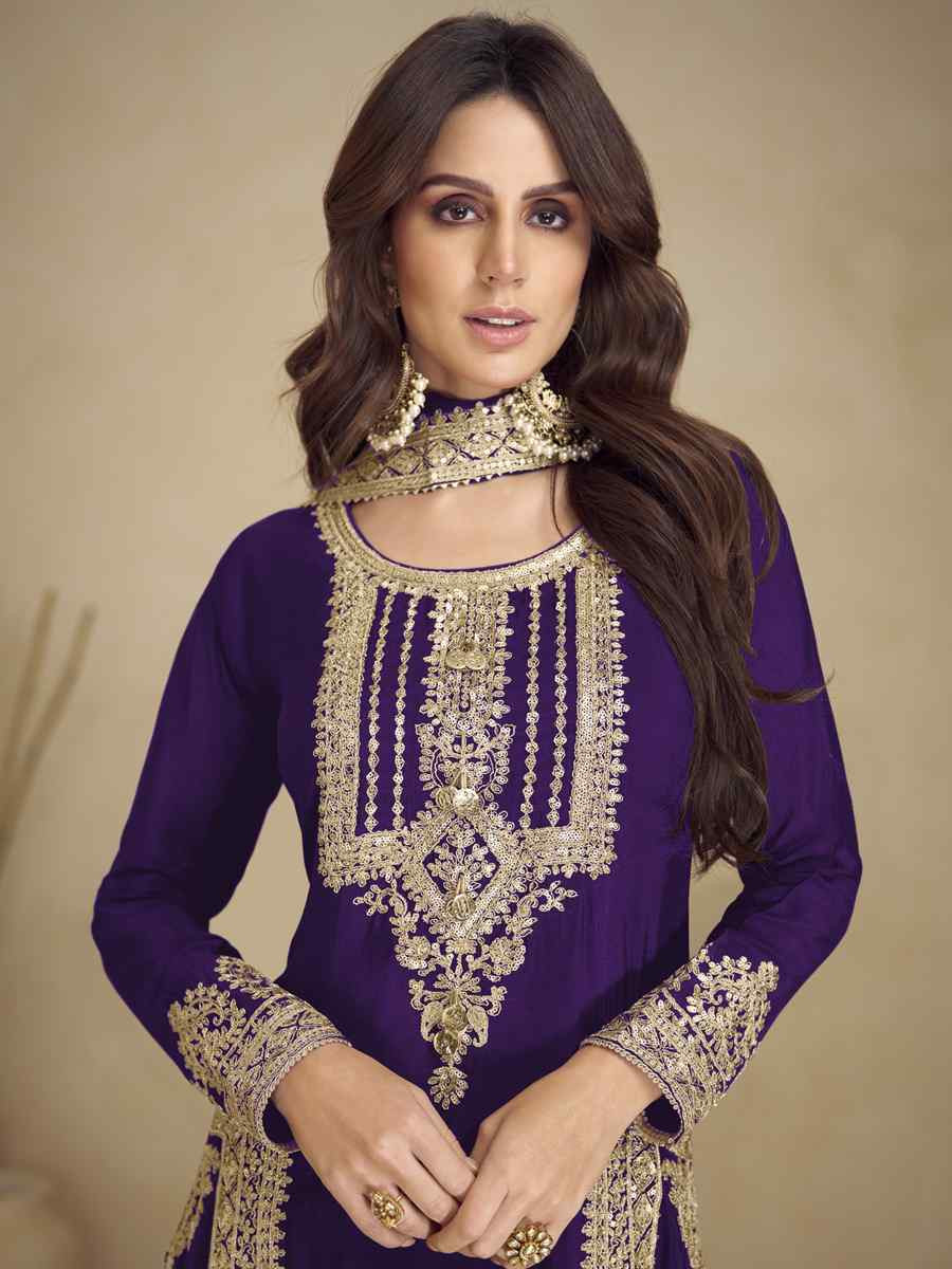 Purple Heavy Faux Georgett Embroidered Festival Wedding Pant Salwar Kameez