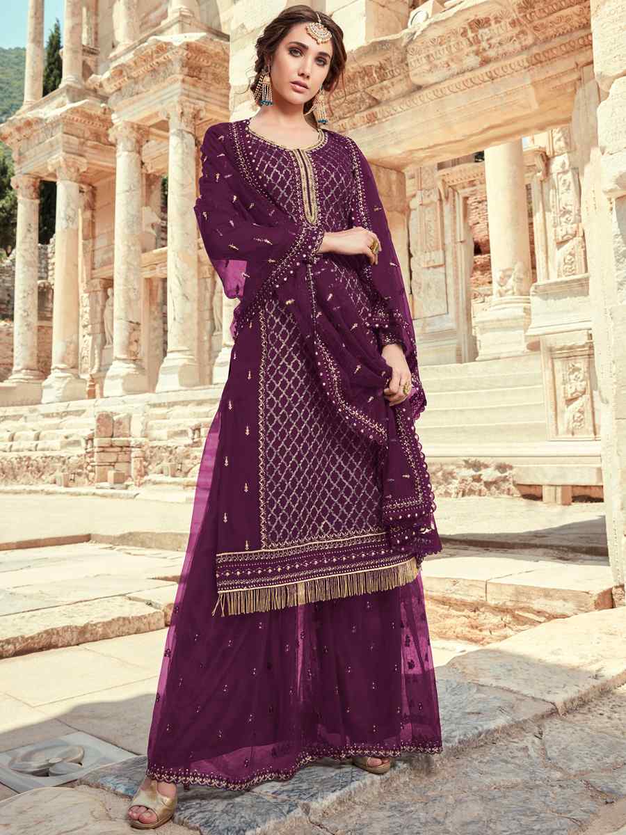 Purple Heavy Faux Georgette Embroidered Festival Mehendi Palazzo Pant Salwar Kameez