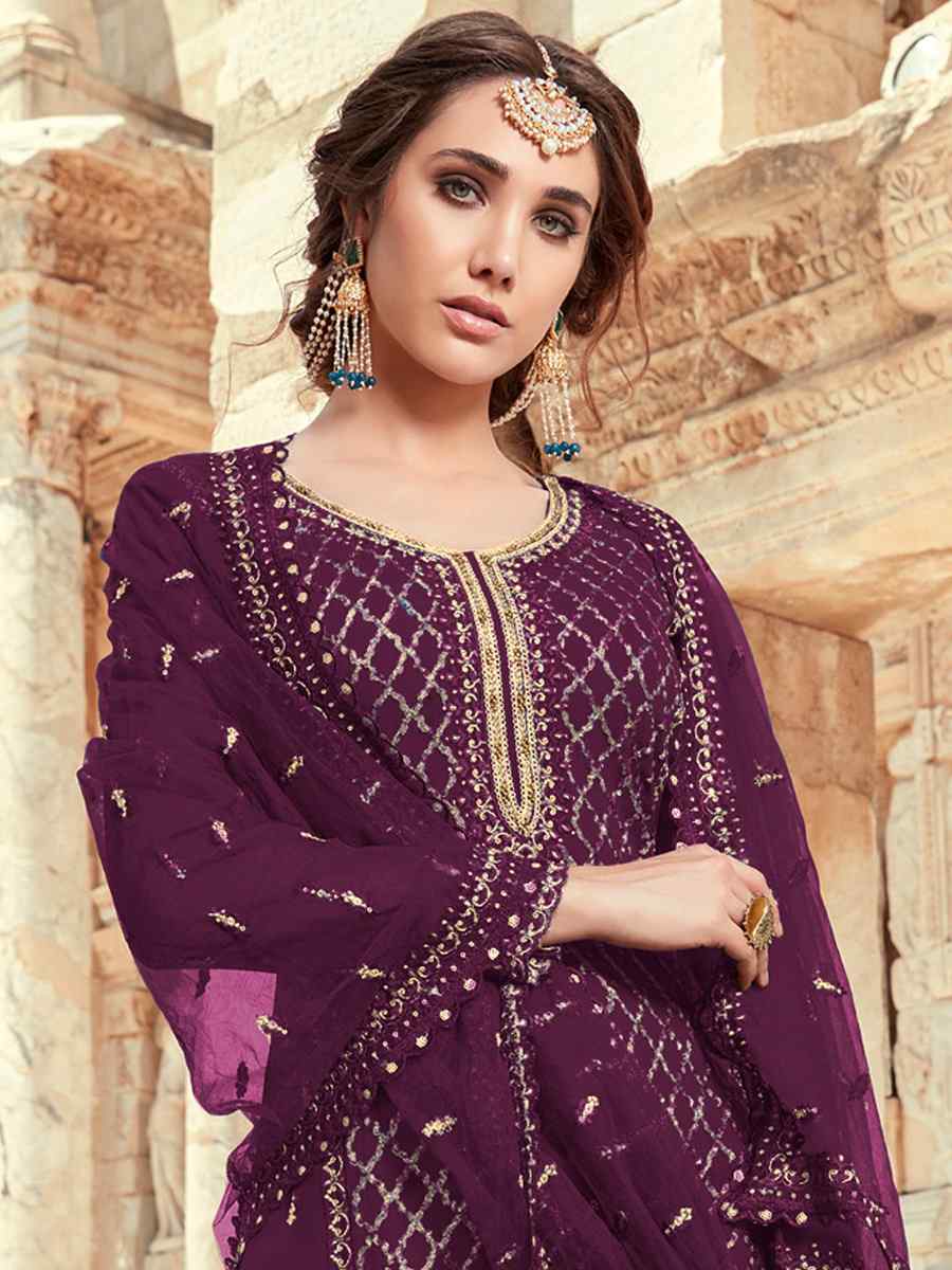 Purple Heavy Faux Georgette Embroidered Festival Mehendi Palazzo Pant Salwar Kameez