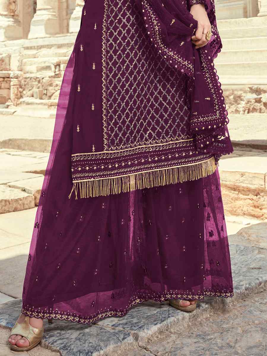 Purple Heavy Faux Georgette Embroidered Festival Mehendi Palazzo Pant Salwar Kameez