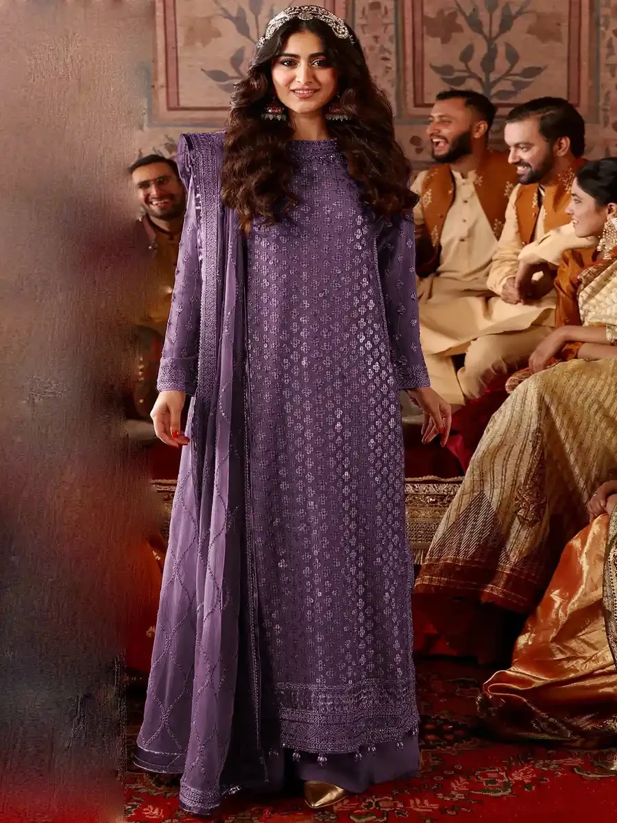 Purple Heavy Faux Georgette Embroidered Festival Wedding Palazzo Pant Salwar Kameez