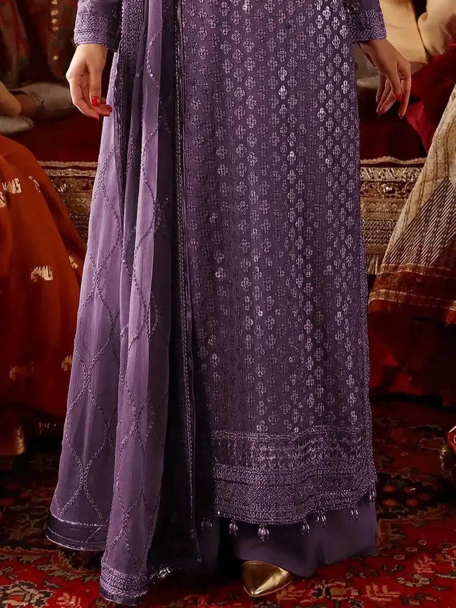 Purple Heavy Faux Georgette Embroidered Festival Wedding Palazzo Pant Salwar Kameez