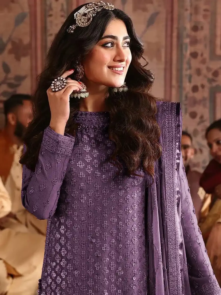 Purple Heavy Faux Georgette Embroidered Festival Wedding Palazzo Pant Salwar Kameez