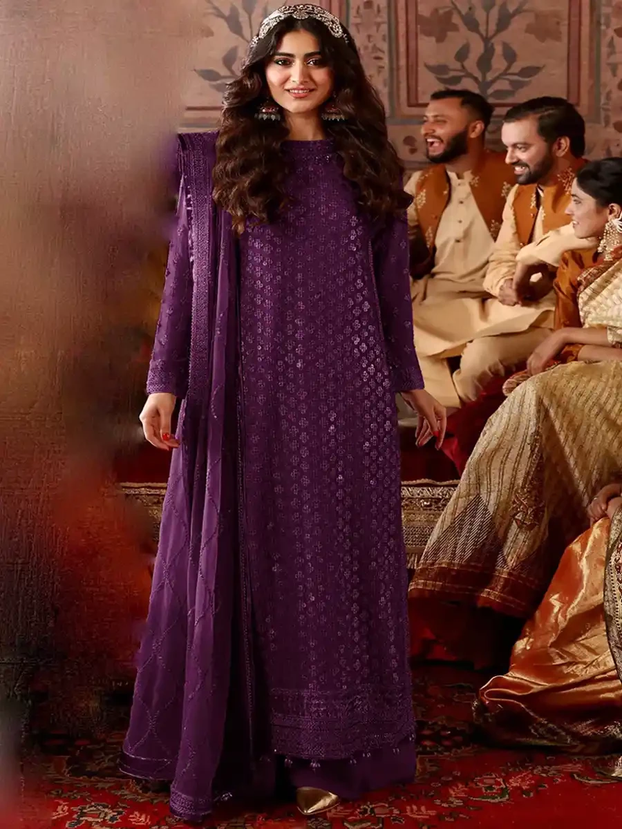 Purple Heavy Faux Georgette Embroidered Festival Wedding Palazzo Pant Salwar Kameez