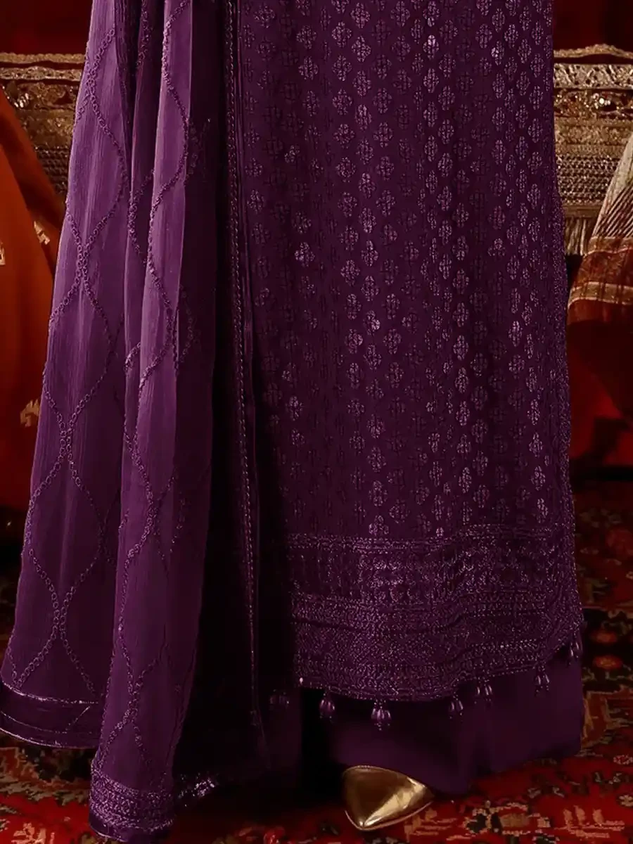 Purple Heavy Faux Georgette Embroidered Festival Wedding Palazzo Pant Salwar Kameez