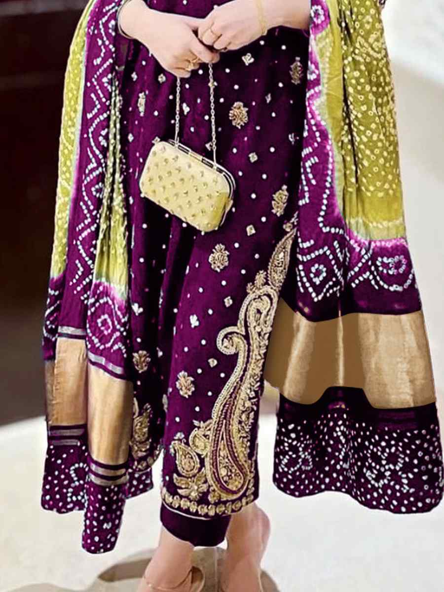 Purple Heavy Faux Georgette Embroidered Festival Wedding Pant Salwar Kameez